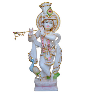 Marble Krishna Statue | White Marble Lord Krishna Murti with Peacock | Handcrafted Flute Playing Krishna Idol | MALIYAS India - Product Image 2