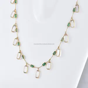 Ingrosso raro oro giallo 18k con verde smeraldo e collana a catena di cristallo | Collana di pietre preziose smeraldo per donna