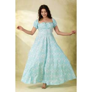 เดรสยาวผ้าฝ้ายพิมพ์ลายบล็อกทำมือ ดีไซน์เนอร์, เดรสแม็กซี่สไตล์โบโฮสำหรับผู้หญิง, เหมาะสำหรับใส่ไปเที่ยวทะเลและงานเทศกาลในช่วงฤดูร้อน - Product Image 1