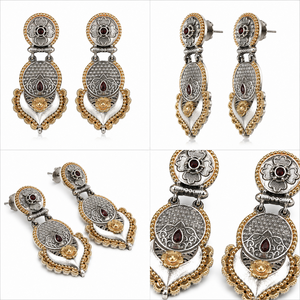 Boucles d'oreilles pendantes bicolores en argent oxydé avec serti clos, motif floral bohème, pour femmes, vente en gros pour fournisseurs en gros - Product Image 1