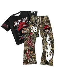 Custom Men 2 Piece Sweat <b>Set</b> Graphic Short Sleeve Tee Drawstring Flared Jogger Pants OEM Bulk - Product Image 1