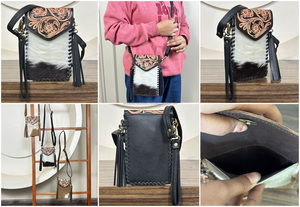 Bolsos de Mano de Cuero Vacuno Hechos a Mano para Mujer, Bolsos Cruzados con Borlas, Mini Bolsos de Teléfono Estilo Occidental, Bolsos de Teléfono con Correa de Muñeca de Piel con Pelo - Product Image 3