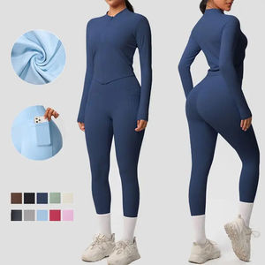 Ensemble de yoga personnalisé avec logo, fermeture éclair sur le devant, leggings respirants taille haute et haut à manches longues avec poches pour la gym, le Pilates et le fitness - Product Image 1