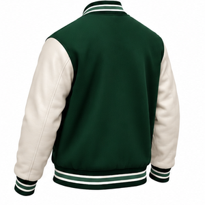 Wholesale OEM Varsity <b>Jacket</b> Forest Green Wool Body Cream Leather Sleeves Striped Rib-Trim Snap Button <b>Letterman</b> <b>Jacket</b> - Product Image 6