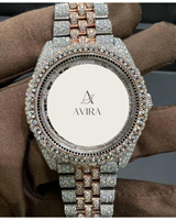 Montre de Luxe en Acier Inoxydable Plaqué Or Blanc/Jaune avec Cadran en Cristal Saphir, Mouvement Automatique ETA, Moissanite D VVS de Haute Qualité et Bracelet Iced