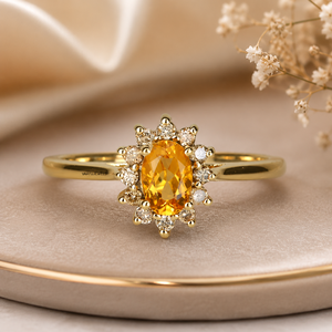 Anillo de Lujo con Gema Ovalada Amarilla y Diamantes para Mujer, Oro de 10K, 14K, 18K, Plata 925, 935, Joyería de Diseño - Product Image 1