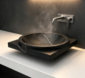 Lavabo Minimalista Redondo de Mármol Negro con Vetas Blancas, Acabado Pulido, Montaje en Superficie, para Baño - Product Image 1