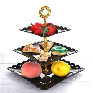 Plateau à fruits carré moderne à 3 niveaux noir, support à cupcakes décoratif en métal avec poignée dorée, plateau de service à étages pour mariage et fête - Product Image 1