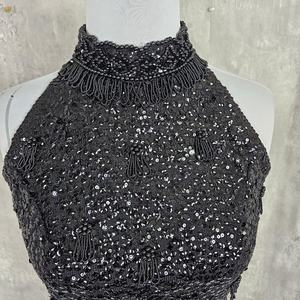 COTTON COUTURE <b>Women</b> <b>Black</b> Sequined Halter Neck <b>Tank</b> <b>Top</b> Sleeveless Crop Blouse with Fringe Trim 100% Polyester Sexy & Club - Product Image 5