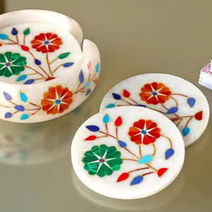 Posavasos de Mármol Blanco Hechos a Mano con Incrustaciones de Piedras Semipreciosas, Artesanía Tradicional, Decoración de Mesa - Product Image 1