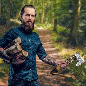 Hand Forged Viking Bearded <b>Axe</b> Carbon Steel Vegvisir Engraved Hatchet Ash Wood <b>Handle</b> with Leather Sheath OEM Ideal Gift for him - Product Image 4