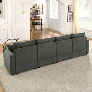 Moderno divano a 4 posti in velluto a coste grigio a forma di U 2 riporre pouf - Product Image 3