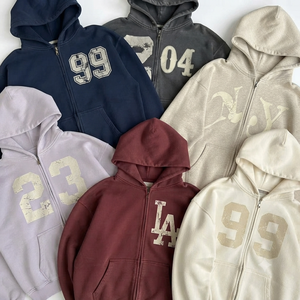 Vintage Full <b>Zip</b> Fleece Hoodie Distressed Embroidery Men's Pullover Retro Regular Fit Eco-Friendly Autumn Streetwear - Product Image 6