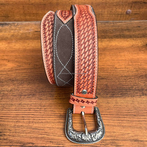 New Wholesale Custom High Quality Cowboy Stitched Hand Tooled Suede Leather Belt for <b>Men</b> & Women Cowhide Leather Pin Buckle Belt - Product Image 4
