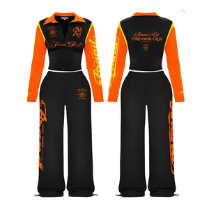 Chándal deportivo para mujer, negro y naranja, manga larga, cuello con botones, cintura elástica, corte regular, ropa de otoño - Product Image 1