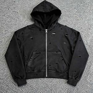 Sweat à capuche zippé pour homme, style streetwear, personnalisé, vintage, effet usé avec trous, coupe oversize, effet ciré, grammage lourd 400-500 g/m², coupe carrée et courte - Product Image 3