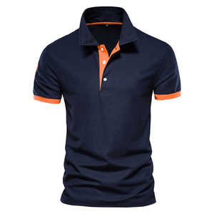 Men's Navy Blue Short Sleeve <b>Polo</b> Shirt With <b>Orange</b> Trim And Number 8 On Left Sleeve Casual Knitted Style - Product Image 2
