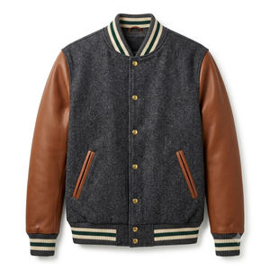 <b>Men's</b> Woolen Varsity <b>Jacket</b> With <b>Leather</b> Sleeves Turn-down Collar Autumn Preppy Style Regular Fit Button Closure - Product Image 1