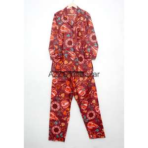 Ensemble de pyjama pour femmes en coton 100% vintage, luxueux, classique, floral, 2 pièces, taille élastique, manches longues, doux et lisse - Product Image 1