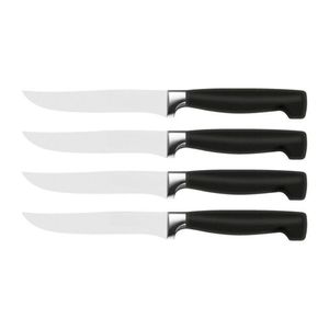 Ensemble de 4 couteaux à steak à manche noir avec lames à bord lisse argentées et poignées ergonomiques pour la découpe de la viande et l'utilisation à table. - Product Image 1