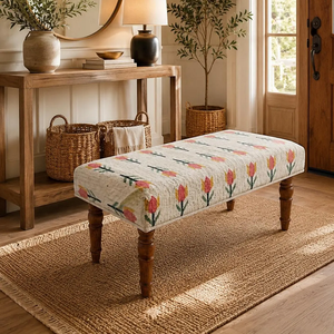 Banco Otomano Rústico Tapizado de Lana y Yute Hecho a Mano con Diseño Floral para Dormitorio, Cabecera de Cama o Entrada - Product Image 1