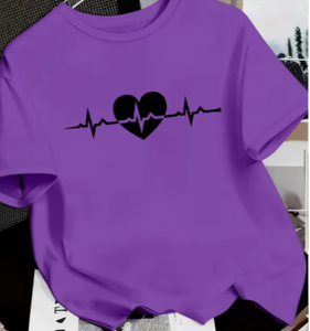 Camiseta Roja de Cuello Redondo para Mujer, Estampado de Latido de Corazón, Manga Larga, Casual, 100% Algodón Jersey, Corte Holgado, Estampado Digital - Product Image 1