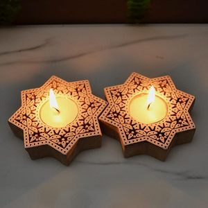 Wooden <b>Tea</b> Light Candle Holder <b>Stand</b> for Diwali Handmade Block Print Star Shaped T Light Holder for Home Decor - Product Image 6