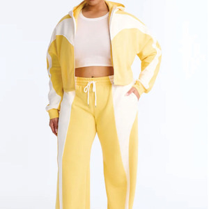 Conjunto de chándal de forro polar suave amarillo al por mayor, de gran tamaño y peso pesado, con sudadera corta y pantalones jogger, estilo urbano, para hombre y mujer, proveedor - Product Image 4