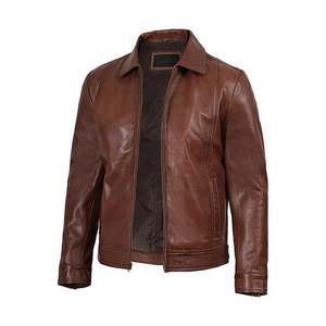 Veste de motard en cuir véritable marron pour homme avec fermeture éclair, col rabattu, coupe classique, pour l'automne - Product Image 1