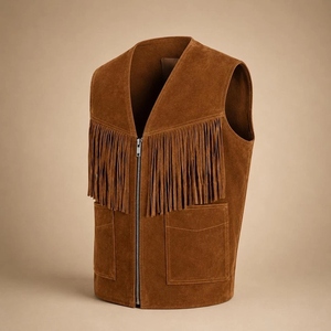 Gilet en cuir suédé personnalisé avec franges pour homme, gilet de cowboy western, gilet en cuir de moto haut de gamme, OEM ODM - Product Image 1