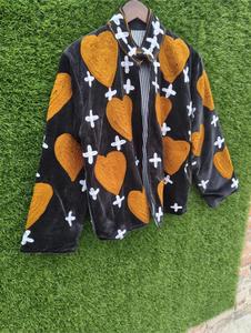 Luxury Black <b>Velvet</b> Embroidered Suzani <b>Jacket</b> With Yellow Heart Pattern Full Sleeve Stand Collar Handmade Folk Art Winter Coat - Product Image 4