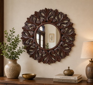 Handcrafted <b>Round</b> Wooden <b>Wall</b> <b>Mirror</b> Decorative Floral Carved Frame Rustic Home Decor Accent <b>Mirror</b> - Product Image 6