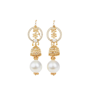 Pendientes Jhumki Étnicos Tradicionales con Piedra Pota Chapada en Oro y Perla con Engaste de Bisel, Diseño de Colgante y Aro - 10575571WH - Product Image 2