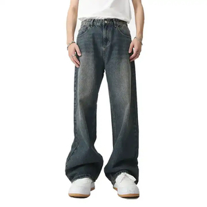 Custom Men's Blue High Street Distressed Denim Pants-Summer Vintage Style New Straight Washed Wide <b>Leg</b> Jeans Solid Pattern - Product Image 6