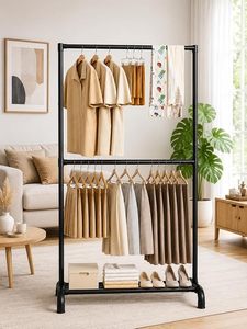 Double Tier Metal Clothing Rack Standing Heavy Duty Minimalist <b>Wardrobe</b> <b>Storage</b> Holder with Shelf for Clothes and <b>Shoes</b> - Product Image 5