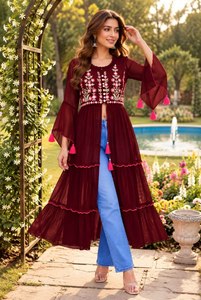 <b>Women</b>’s Heavy Georgette Long <b>Kurti</b> with Thread Embroidery | Front Slit Balloon Sleeve Design - Product Image 4