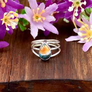 Bague triple bande en argent sterling 925, forme goutte d'eau, filigrane, faite à la main, avec cuivre huître et turquoise, bijoux bohèmes raffinés pour femme - Product Image 4