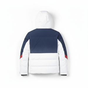 Men's Navy White Hooded Puffer <b>Jacket</b> Color Blocking Embroidered Logo Windproof Winter Sporty Outerwear - Product Image 3