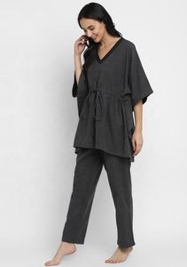 Pijama caftán gris sólido transpirable 100% algodón Natural hasta el suelo acogedor fines de semana elástico liso teñido ecológico lavable - Product Image 2