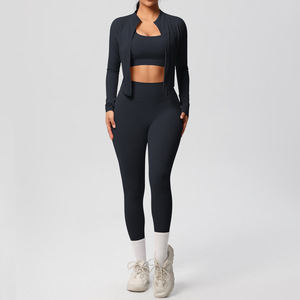 Wholesale Fitness <b>3</b> <b>Piece</b> <b>Women</b> Gym Yoga Wear Set Workout Seamed Solid High Waist Long Sleeve Sports <b>Suit</b> Four-Way Elastic Waist - Product Image 5