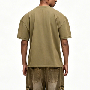 Camiseta Verde Oliva Oversize de Manga Corta para Hombre, Casual, de Algodón, Cuello Redondo, Color Liso Teñido - Product Image 2