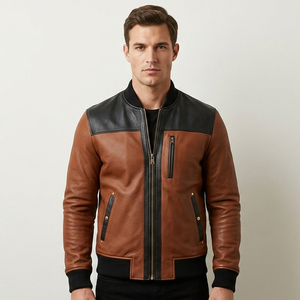 Chaqueta Bomber de Cuero Marrón para Hombre con Cierre de Cremallera y Paneles Negros, Corte Regular, Estilo Moto, para Otoño - Product Image 1