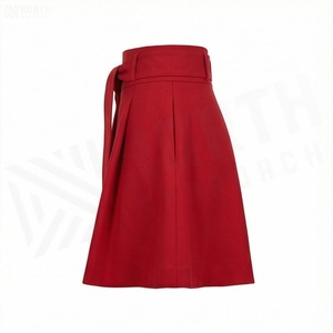 Women High Waist A-Line <b>Mini</b> <b>Skirt</b> With Belt Solid Color Woven Fabric <b>Red</b> - Product Image 3