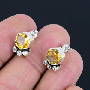 925 Sterling Silver Beautiful Natural Yellow Citrine Hexagon Stud Earrings <b>Online</b> Now at Factory Price Gemstone Jewelry Earrings - Product Image 4