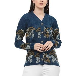 Women's V-Neck Solid Computer Knit Full Sleeve <b>Covered</b> <b>Button</b> Front Casual Winter 100% Acrylic Anti-Pilling Breathable - Product Image 3