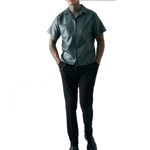 Custom High Quality Plain Dyed Solid Leather Shirt Loose Fit Short Sleeve Collar Black Baggy Breathable Eco-Friendly <b>Mens</b> - Product Image 4