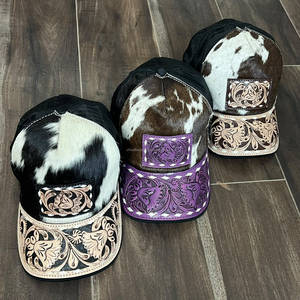 Casquette Trucker Unisexe Style Western Marron en Cuir de Vachette avec Visière en Cuir Façonné à la Main et Motifs Floraux en Relief, Dos en Maille, 6 Panneaux - Product Image 4