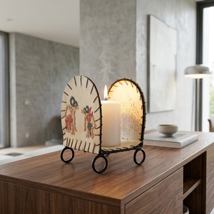 Support de bougie artisanal en cuir de chèvre indonésien, panneau en Wayang Kulit, fer forgé, lumière d'ambiance de table, accent de décoration intérieure - Product Image 6