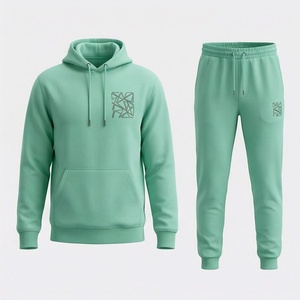 Survêtement unisexe vert menthe à capuche, couleur unie, décontracté, avec poches latérales et cordon de serrage - Product Image 5
