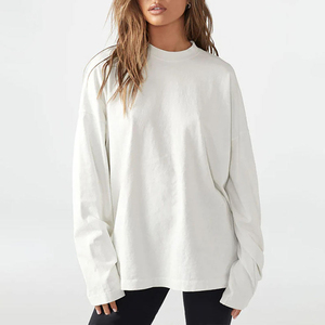 T-shirt en popeline de coton blanc pour femme, col rond, manches longues, coupe ample, minimaliste, uni, respirant, toutes saisons, longueur normale - Product Image 3